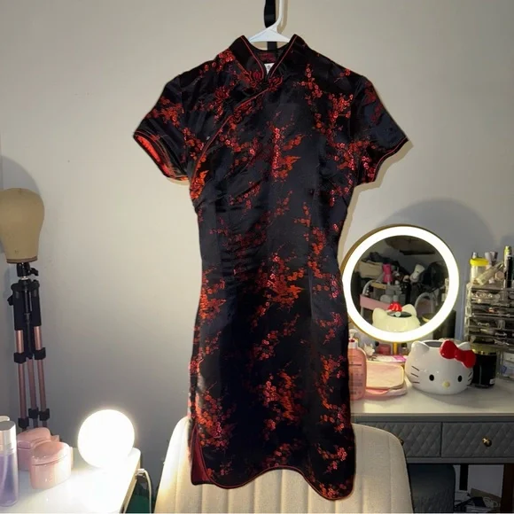 Chinese Mini Black and Red Floral Dress - Picture 1 of 12